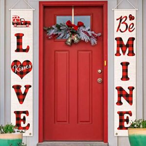 hicarer 2 pieces buffalo plaid hanging banners valentines porch signs be mine and love door banners heart valentines banner decorations for holiday home wall valentine’s day decoration (chic color)