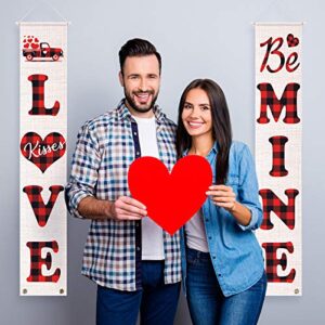 Hicarer 2 Pieces Buffalo Plaid Hanging Banners Valentines Porch Signs Be Mine and Love Door Banners Heart Valentines Banner Decorations for Holiday Home Wall Valentine's Day Decoration (Chic Color)