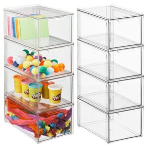 mdesign plastic stackable drawer organizer storage bin with front handle – holder for crafts, sewing, hobby, art supplies in home, classroom, office, or studio – lumiere collection, 8 pack – clear