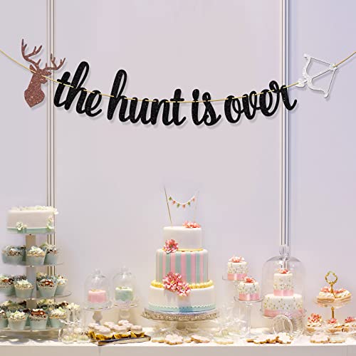 The Hunt is Over Banner - Bridal Shower Wedding Party Decorations, Engagement Party Bachelorette Party Supplies Black Glitter