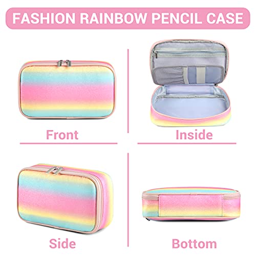 VASCHY Pencil Case, Large Capacity Pen Holder Pouch with Double Zippers Multi Compartments Easy Organized Mesh Pockets Rainbow