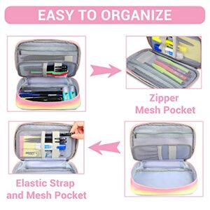 VASCHY Pencil Case, Large Capacity Pen Holder Pouch with Double Zippers Multi Compartments Easy Organized Mesh Pockets Rainbow