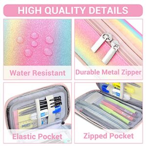 VASCHY Pencil Case, Large Capacity Pen Holder Pouch with Double Zippers Multi Compartments Easy Organized Mesh Pockets Rainbow