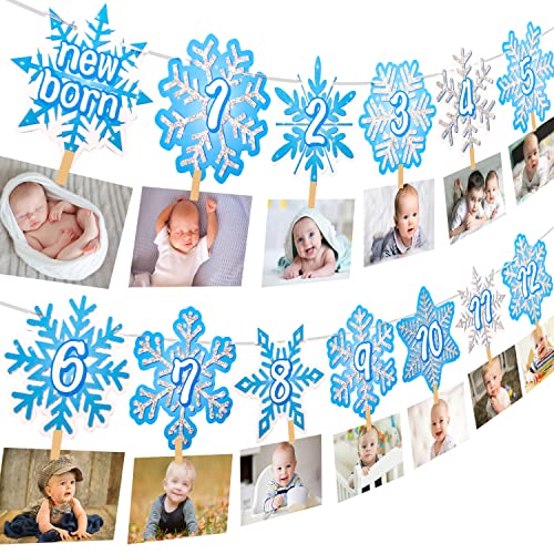 Snowflake First Birthday Party Decoration Snowflake Theme 1st Birthday Photo Banner for Newborn to 12 Months for Baby Shower Winter Onederland Party Supplies