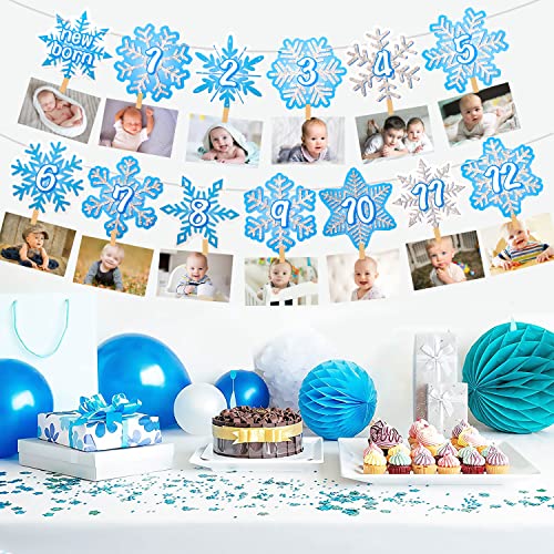 Snowflake First Birthday Party Decoration Snowflake Theme 1st Birthday Photo Banner for Newborn to 12 Months for Baby Shower Winter Onederland Party Supplies