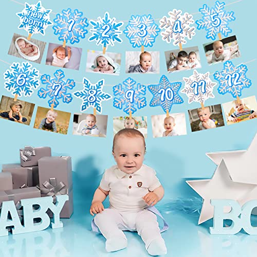 Snowflake First Birthday Party Decoration Snowflake Theme 1st Birthday Photo Banner for Newborn to 12 Months for Baby Shower Winter Onederland Party Supplies