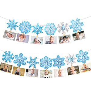 Snowflake First Birthday Party Decoration Snowflake Theme 1st Birthday Photo Banner for Newborn to 12 Months for Baby Shower Winter Onederland Party Supplies