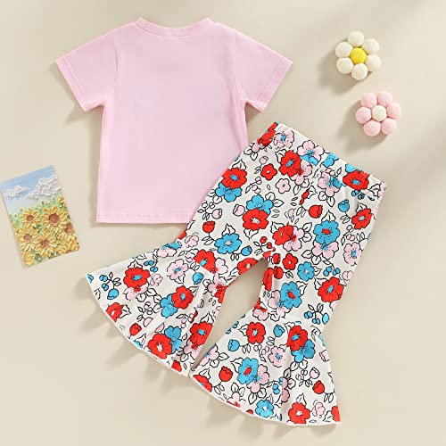 AEEMCEM Toddler Baby Girl Summer Outfits Flower Child T Shirt Tops Floral Flared Pants Clothes Set (Pink&Red Blue Flower, 18-24 Months)