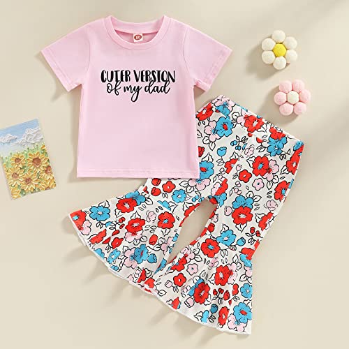AEEMCEM Toddler Baby Girl Summer Outfits Flower Child T Shirt Tops Floral Flared Pants Clothes Set (Pink&Red Blue Flower, 18-24 Months)