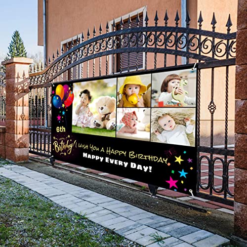 Personalized Birthday Banner for Boys Girls Women Men Kids Adults, Custom Happy Birthday Decorations Photo banners for Parties, Customized Black Backdrop Large Flag 35.5"x59"(about 5x3ft)