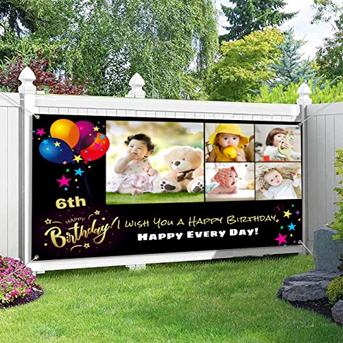 Personalized Birthday Banner for Boys Girls Women Men Kids Adults, Custom Happy Birthday Decorations Photo banners for Parties, Customized Black Backdrop Large Flag 35.5"x59"(about 5x3ft)