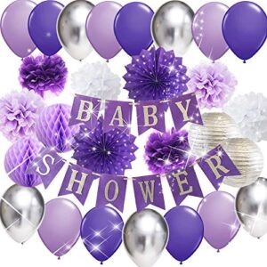 Purple Elephant Baby Shower Decorations Baby Shower Banner Purple Silver Latex Balloons Polka Dot Paper Fans for Girl Baby Shower Photo Backdrop Purple Elephant Baby Shower Decorations