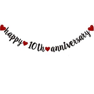 happy 10th anniversary banner, pre-strung,black glitter paper garlands for 10th wedding anniversary party decorations supplies, no assembly required,(black)sunbetterland