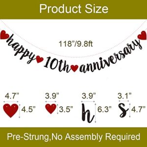 Happy 10th Anniversary Banner, Pre-Strung,Black Glitter Paper Garlands for 10th Wedding Anniversary Party Decorations Supplies, No Assembly Required,(Black)SUNbetterland