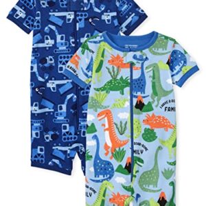 The Children's Place Baby and Toddler Boy Snug Fit Cotton Zip-Front One Piece Pajama 2-Pack, Dino Truck-2 Pack, 9-12 Months