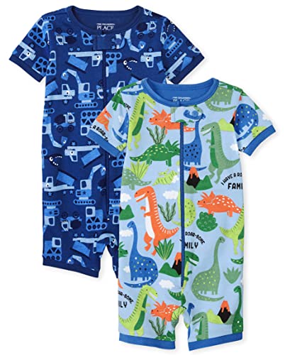 The Children's Place Baby and Toddler Boy Snug Fit Cotton Zip-Front One Piece Pajama 2-Pack, Dino Truck-2 Pack, 9-12 Months