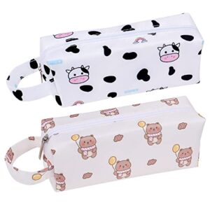 fycyko 2pack kawaii cute pencil case with zipper aesthetic cows bear pattern organizer storage bag makeup pouch cosmetic canvas small pencil pen case for adults kids students