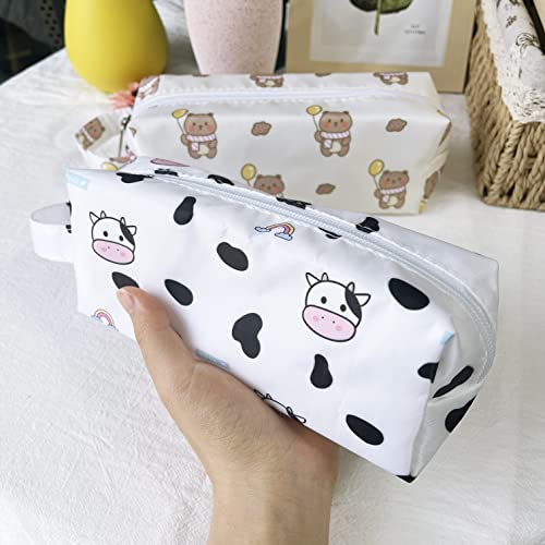 Fycyko 2Pack Kawaii Cute Pencil Case with Zipper Aesthetic Cows Bear Pattern Organizer Storage Bag Makeup Pouch Cosmetic Canvas Small Pencil Pen Case for Adults Kids Students