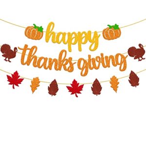 happy thanks giving banner fall leaves garland thanksgiving day autumn turkey theme for happy thanksgiving party glitter gold decoration