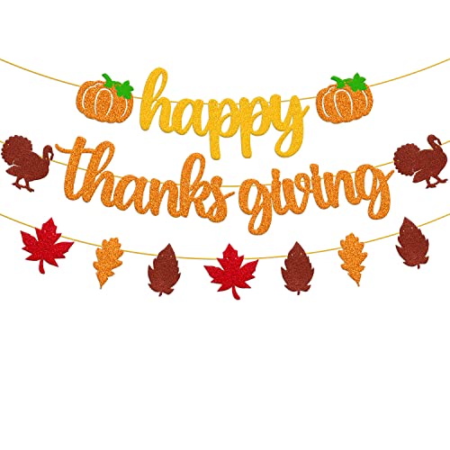 Happy Thanks Giving Banner Fall Leaves Garland Thanksgiving Day Autumn Turkey Theme for Happy Thanksgiving Party Glitter Gold Decoration