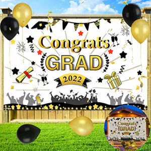 2022 graduation decorations – graduation banner with 60 leds string lights & 12 balloons, 73”x 46” large fabric congrats grad banner for class of 2022 graduation party backdrop indoor outdoor