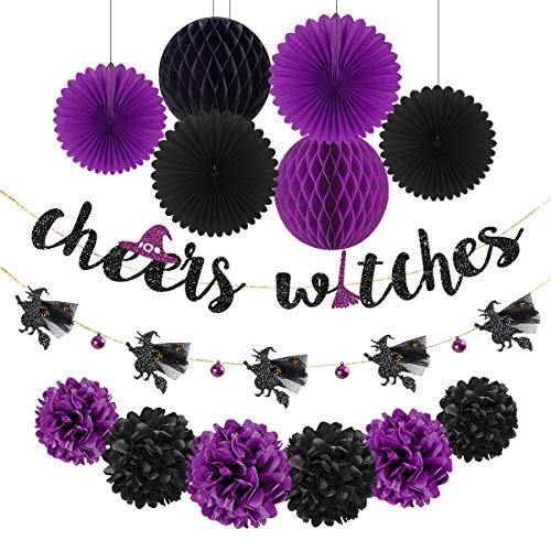 Halloween Banner Kit Black Purple Cheers Witches Garland Banner Paper Fans Flowers Pom Pom Lantern Honeycomb Ball for Halloween Birthday Bachelorette Engagement Hen Party Decorations Supplies