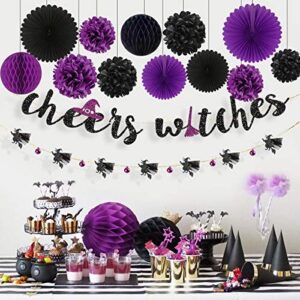 Halloween Banner Kit Black Purple Cheers Witches Garland Banner Paper Fans Flowers Pom Pom Lantern Honeycomb Ball for Halloween Birthday Bachelorette Engagement Hen Party Decorations Supplies