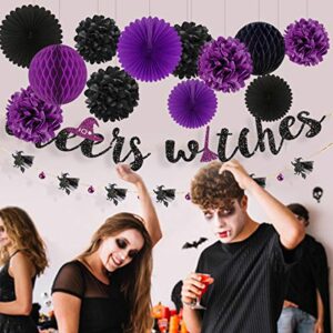 Halloween Banner Kit Black Purple Cheers Witches Garland Banner Paper Fans Flowers Pom Pom Lantern Honeycomb Ball for Halloween Birthday Bachelorette Engagement Hen Party Decorations Supplies