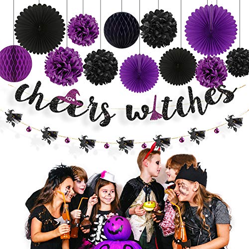 Halloween Banner Kit Black Purple Cheers Witches Garland Banner Paper Fans Flowers Pom Pom Lantern Honeycomb Ball for Halloween Birthday Bachelorette Engagement Hen Party Decorations Supplies