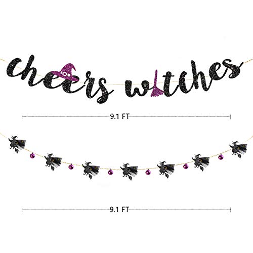 Halloween Banner Kit Black Purple Cheers Witches Garland Banner Paper Fans Flowers Pom Pom Lantern Honeycomb Ball for Halloween Birthday Bachelorette Engagement Hen Party Decorations Supplies