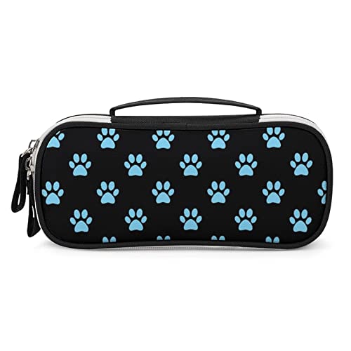 Blue Paws Pattern Pencil Case Bag Large Capacity Stationery Pouch with Handle Portable Makeup Bag Desk Organizer