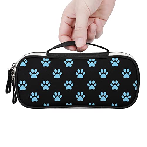 Blue Paws Pattern Pencil Case Bag Large Capacity Stationery Pouch with Handle Portable Makeup Bag Desk Organizer