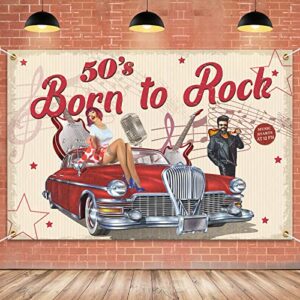 born to rock backdrop banner decor beige – 50s rock and roll birthday party theme decorations for 1950’s men women supplies