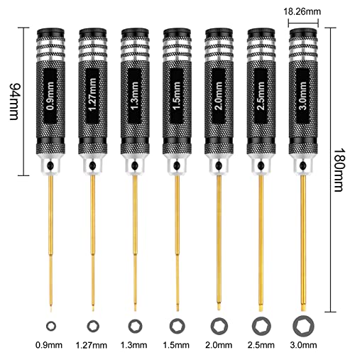 RC Hex Drivers Allen Wrench Set Metric 0.9 1.27 1.3 1.5 2.0 2.5 3.0mm Keys Titanium Repair Tool Kit for RC Car Drone Hobby Models, 7PCS