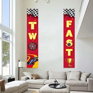 Two Fast 2 RaceCar Happy 2nd Birthday Banner Backdrop Background Race Car Check Flag Sports Theme Decor for Door Porch Indoor Outdoor Boys 2 Years Old 2nd Birthday Party Race Fans Decorations Favors
