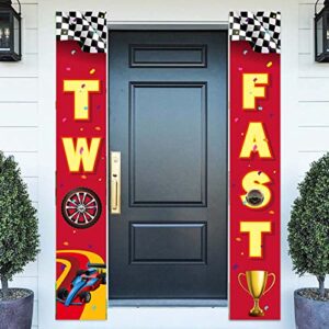 two fast 2 racecar happy 2nd birthday banner backdrop background race car check flag sports theme decor for door porch indoor outdoor boys 2 years old 2nd birthday party race fans decorations favors