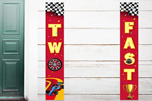 Two Fast 2 RaceCar Happy 2nd Birthday Banner Backdrop Background Race Car Check Flag Sports Theme Decor for Door Porch Indoor Outdoor Boys 2 Years Old 2nd Birthday Party Race Fans Decorations Favors