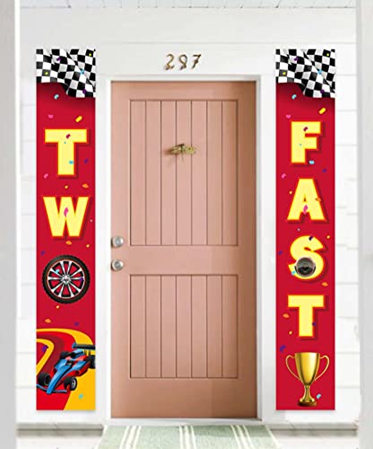 Two Fast 2 RaceCar Happy 2nd Birthday Banner Backdrop Background Race Car Check Flag Sports Theme Decor for Door Porch Indoor Outdoor Boys 2 Years Old 2nd Birthday Party Race Fans Decorations Favors