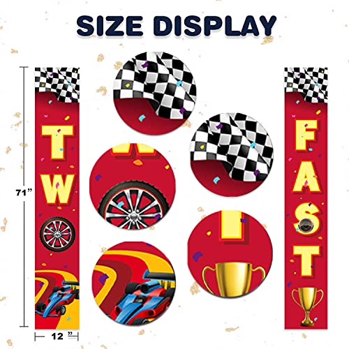 Two Fast 2 RaceCar Happy 2nd Birthday Banner Backdrop Background Race Car Check Flag Sports Theme Decor for Door Porch Indoor Outdoor Boys 2 Years Old 2nd Birthday Party Race Fans Decorations Favors