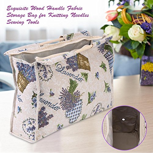 Knitting Yarn Storage Bag, Tote Organizer for Yarn Crochet Hooks Needles and Wool, Also for Magazines Sweaters, with Zipper, Wooden Handle, 2 Colors(Purple Flower)