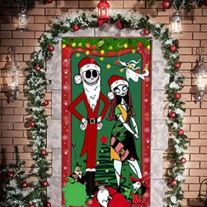 nightmare before christmas door cover jack and sally xmas backdrop decorations for winter holiday indoor outside front door party supplies porch sign-70.9 x 35.4inches