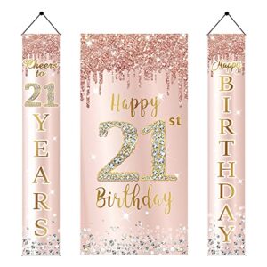 happy 21st birthday door banner backdrop decorations for women, pink rose gold 21 birthday door cover &porch sign party supplies, 21 year old birthday decor