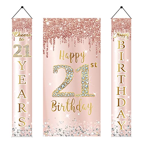 Happy 21st Birthday Door Banner Backdrop Decorations for Women, Pink Rose Gold 21 Birthday Door Cover &Porch Sign Party Supplies, 21 Year Old Birthday Decor