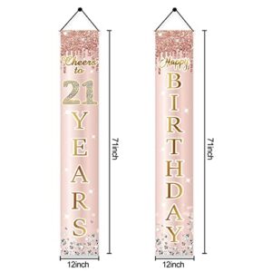 Happy 21st Birthday Door Banner Backdrop Decorations for Women, Pink Rose Gold 21 Birthday Door Cover &Porch Sign Party Supplies, 21 Year Old Birthday Decor