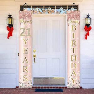 Happy 21st Birthday Door Banner Backdrop Decorations for Women, Pink Rose Gold 21 Birthday Door Cover &Porch Sign Party Supplies, 21 Year Old Birthday Decor