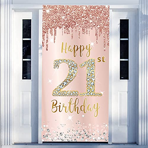 Happy 21st Birthday Door Banner Backdrop Decorations for Women, Pink Rose Gold 21 Birthday Door Cover &Porch Sign Party Supplies, 21 Year Old Birthday Decor