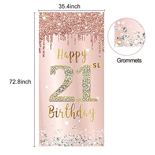 Happy 21st Birthday Door Banner Backdrop Decorations for Women, Pink Rose Gold 21 Birthday Door Cover &Porch Sign Party Supplies, 21 Year Old Birthday Decor