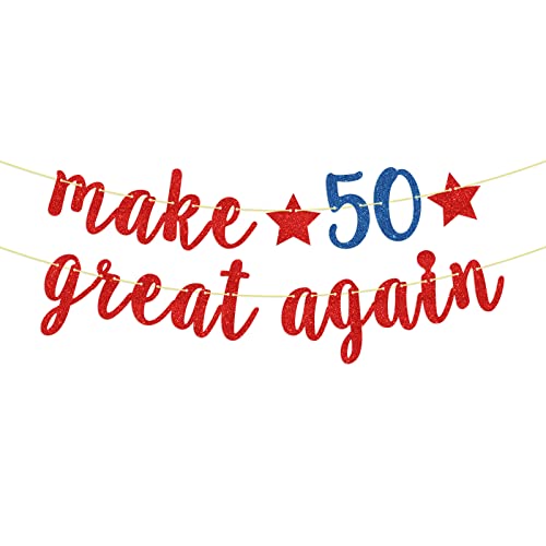 Make 50 Great Again Banner, Red Glitter Funny Happy 50th Birthday Banner Decoration Supplies, Cheers to 50 Years Sign