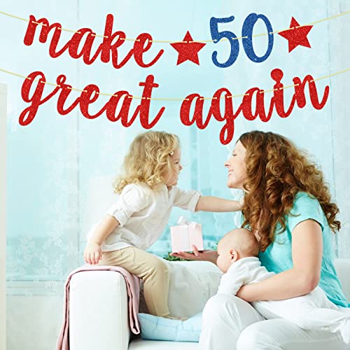 Make 50 Great Again Banner, Red Glitter Funny Happy 50th Birthday Banner Decoration Supplies, Cheers to 50 Years Sign