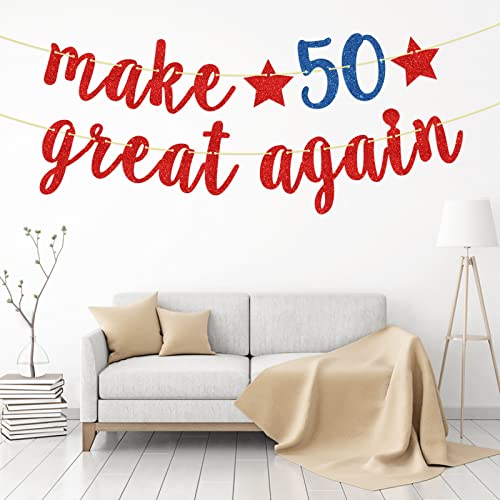 Make 50 Great Again Banner, Red Glitter Funny Happy 50th Birthday Banner Decoration Supplies, Cheers to 50 Years Sign